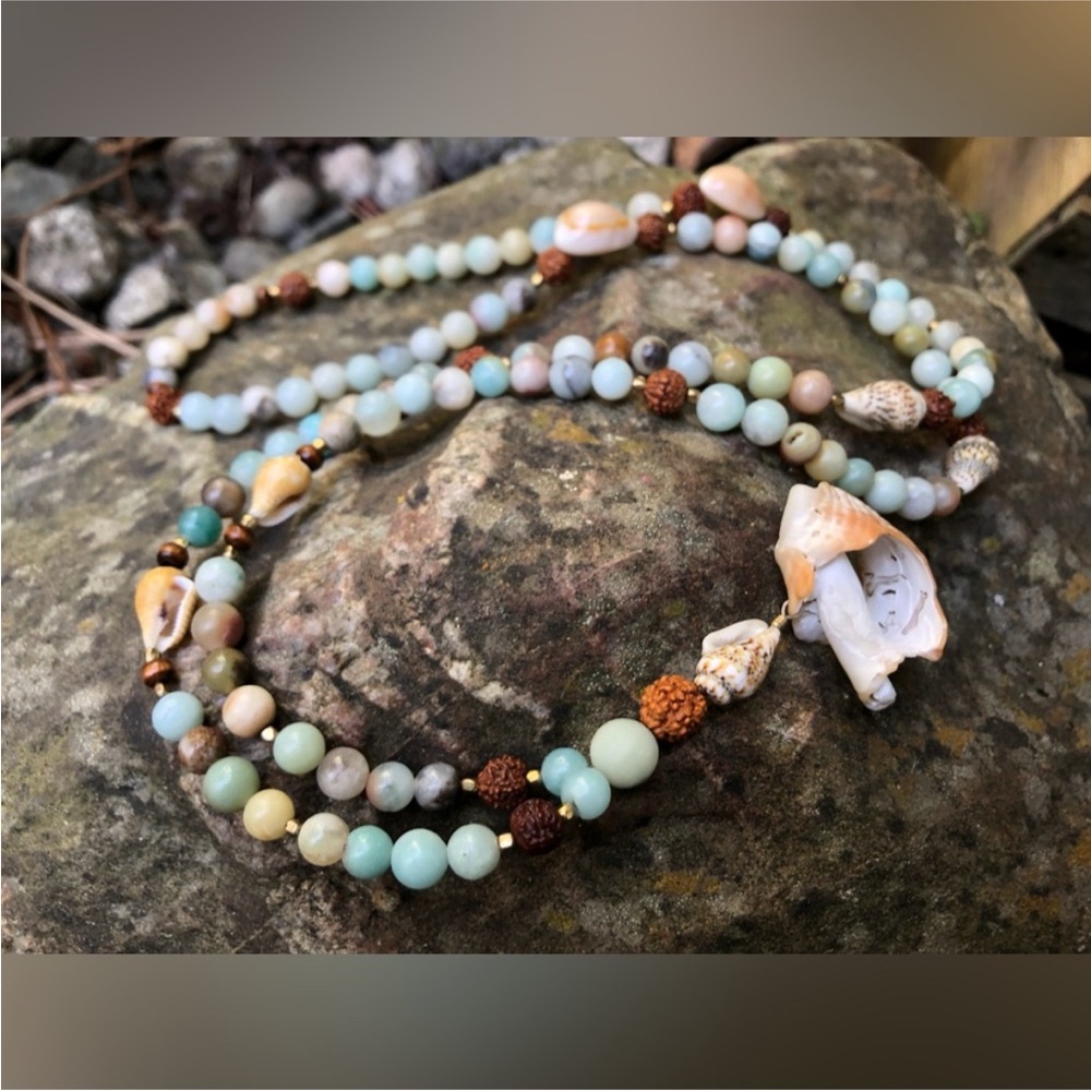 Artisan Hand Crafted Amazonite Stone Shell and Rhudraksha Seed Mala 108 Beads 📿